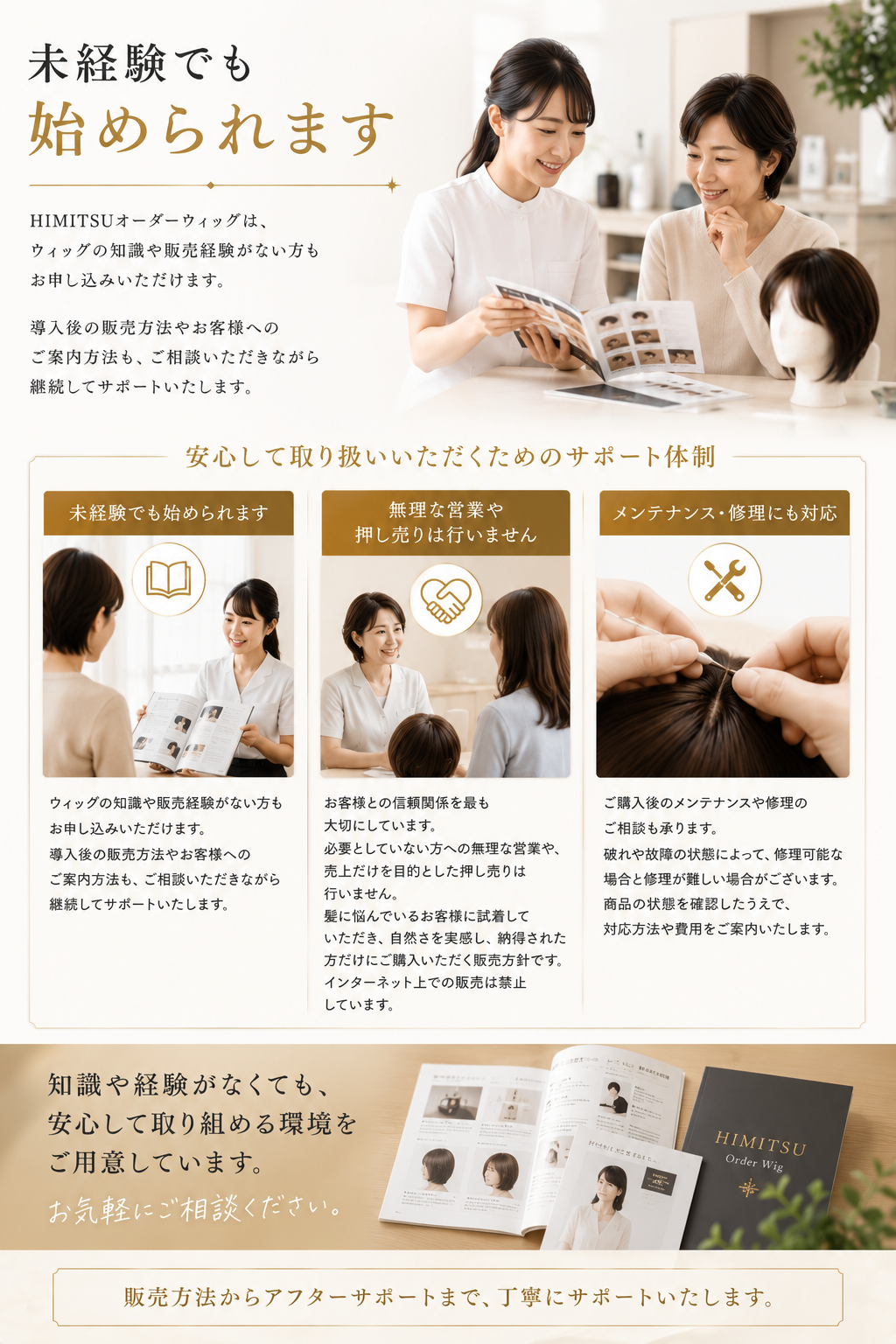 未経験でも始められるサポート体制。販売方法からアフターサポートまでの説明。
